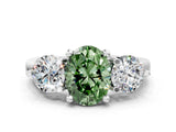 Silver Three-Stone Fancy Green Oval  Brilliant Cut Solitaire Ring with Prong Setting on a Classic Band