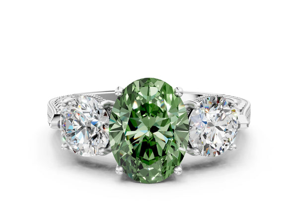 Sterling Silver Oval Vintage Three Stone Engagement Ring Setting for Fancy Green Center
