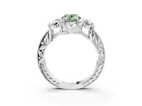 Silver Three-Stone Fancy Green Oval Cut Cut Milgrain Pavé Engagement Ring_21