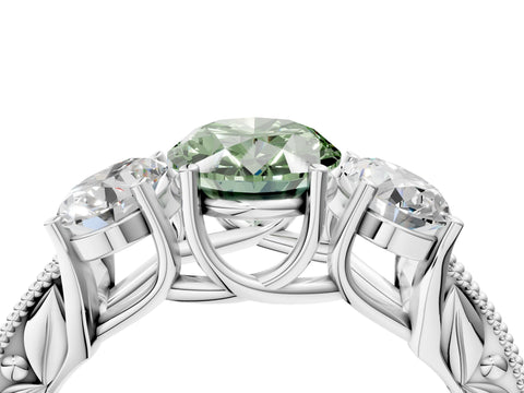 Silver Three-Stone Fancy Green Oval Cut Cut Milgrain Pavé Engagement Ring_22