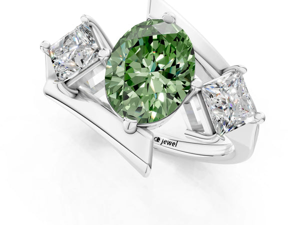 Silver Three-Stone Fancy Green Oval Cut Cut Tension Band Ring with Four-Prong Setting