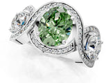Silver Three-Stone Fancy Green Oval Cut Diamond Wave Pave Band with Prong Setting_7