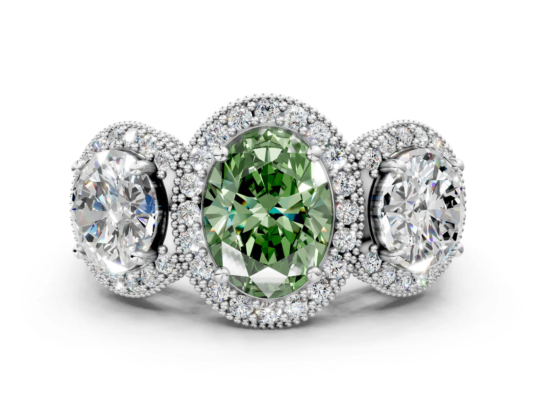 Silver Three-Stone Fancy Green Oval Cut Halo Diamond Milgrain Band with Four-Prong Setting_6