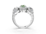Silver Three-Stone Fancy Green Oval Cut Halo Diamond Milgrain Band with Four-Prong Setting_9