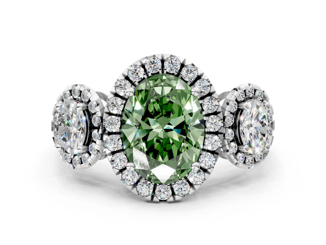 Silver Three-Stone Fancy Green Oval Cut Halo Diamond Ring with Pave Band and Four-Prong Setting_6