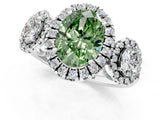 Silver Three-Stone Fancy Green Oval Cut Halo Diamond Ring with Pave Band and Four-Prong Setting_7