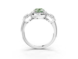 Silver Three-Stone Fancy Green Oval Cut Halo Diamond Ring with Pave Band and Four-Prong Setting_9