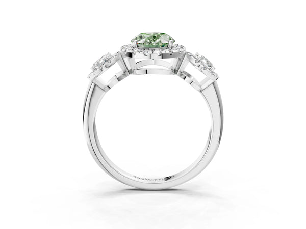 Silver Three-Stone Fancy Green Oval Cut Halo Diamond Ring with Pave Band and Four-Prong Setting