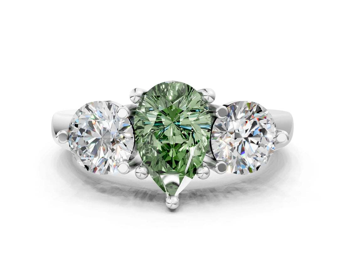 Silver Three-Stone Fancy Green Pear  Brilliant Cut Solitaire Ring with Prong Setting on a Classic Band