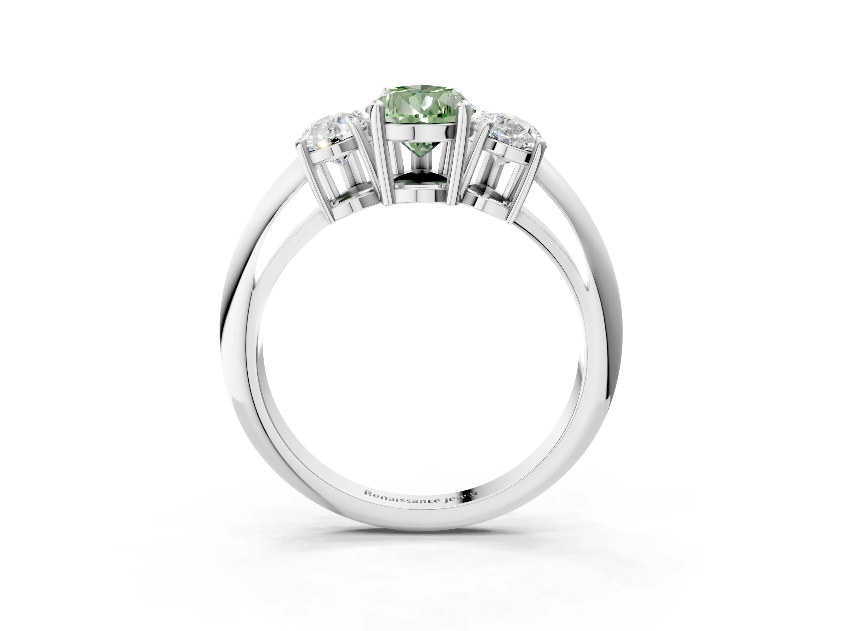 Silver Three-Stone Fancy Green Pear Cut Cut Diamond Engagement Ring with Prong Setting on a White Gold Band_69