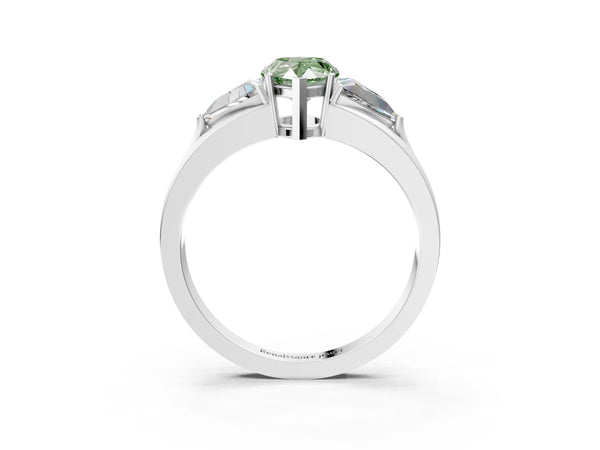 Sterling Silver Pear-Shaped Split Shank Three Stone Engagement Ring Setting for Fancy Green Center
