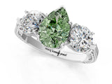 Silver Three-Stone Fancy Green Pear Cut Cut Milgrain Band Prong Setting Ring_7