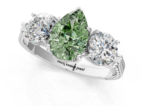 Sterling Silver Pear-Shaped Vintage Three Stone Engagement Ring Setting for Fancy Green Center