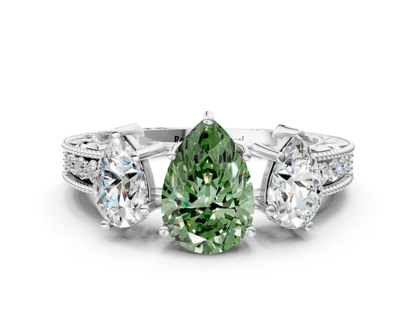 Sterling Silver Pear-Shaped Engraved Three Stone Engagement Ring Setting for Fancy Green Center
