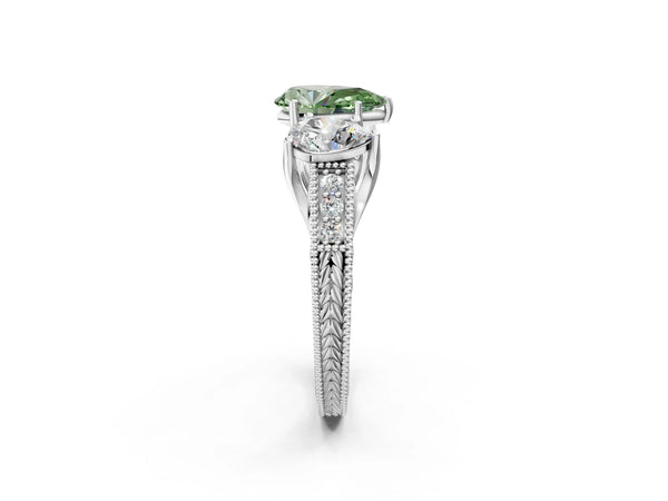 Sterling Silver Pear-Shaped Engraved Three Stone Engagement Ring Setting for Fancy Green Center
