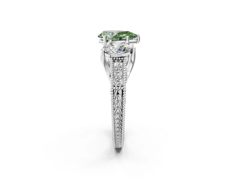 Silver Three-Stone Fancy Green Pear Cut Cut Milgrain Pavé Engagement Ring_20
