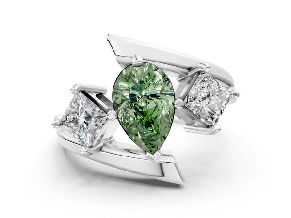 Silver Three-Stone Fancy Green Pear Cut Cut Tension Band Ring with Four-Prong Setting