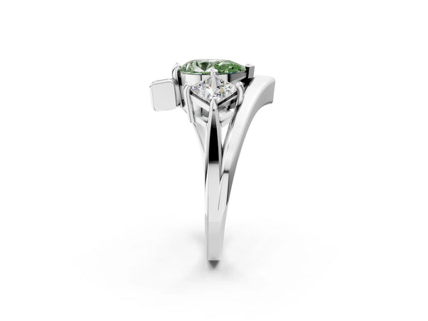 Silver Three-Stone Fancy Green Pear Cut Cut Tension Band Ring with Four-Prong Setting
