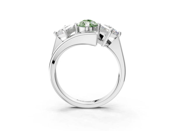 Silver Three-Stone Fancy Green Pear Cut Cut Tension Band Ring with Four-Prong Setting