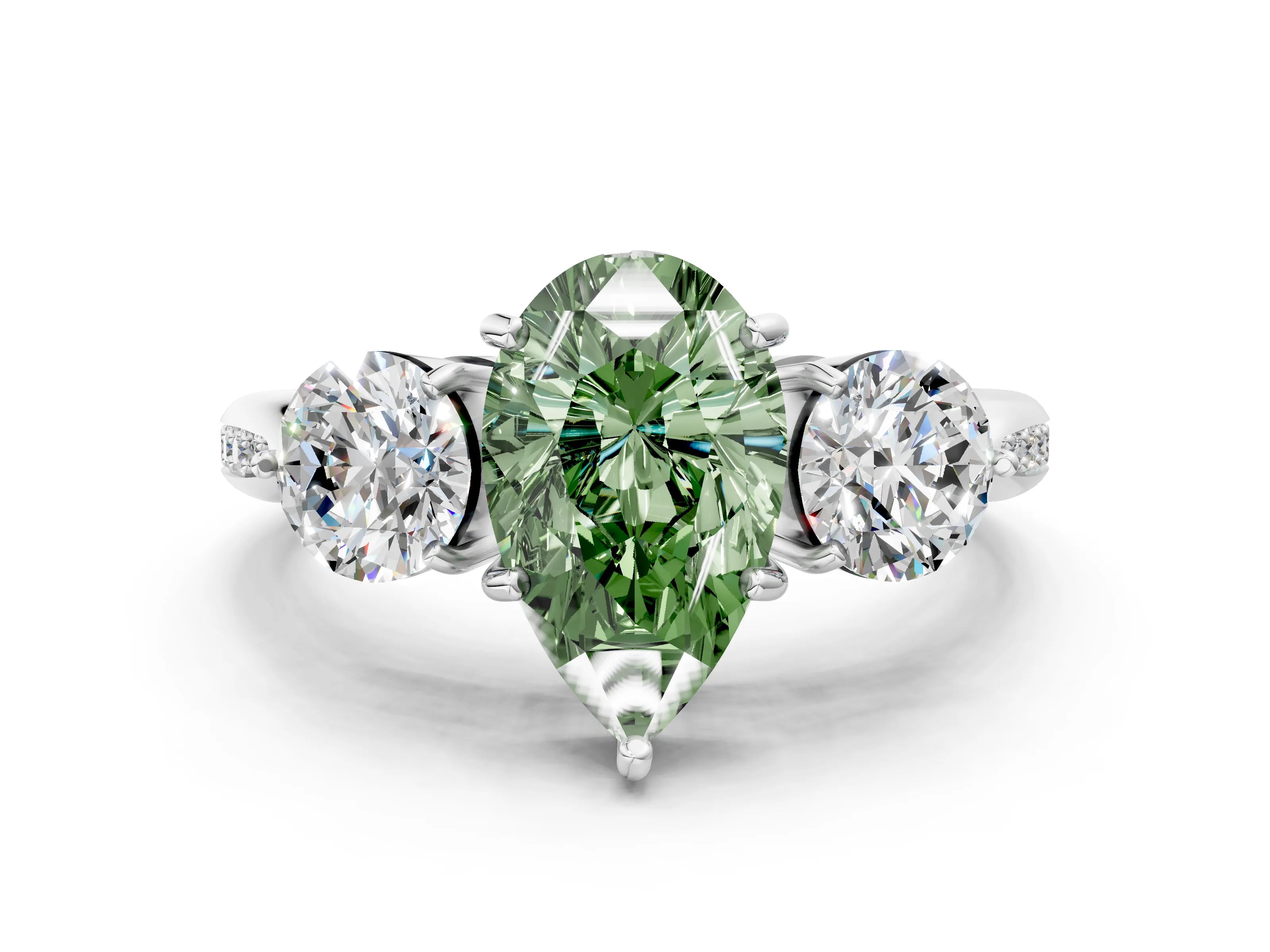 Silver Three-Stone Fancy Green Pear Cut Diamond Channel Set Engagement Ring with Prong Setting_18
