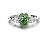 Silver Three-Stone Fancy Green Pear Cut Diamond Ring with Pear  Side Stones in Four-Prong Setting_12
