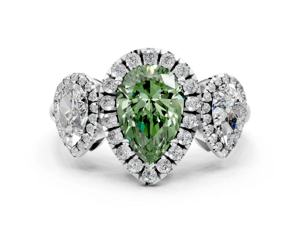Silver Three-Stone Fancy Green Pear Cut Halo Diamond Ring with Pave Band and Four-Prong Setting