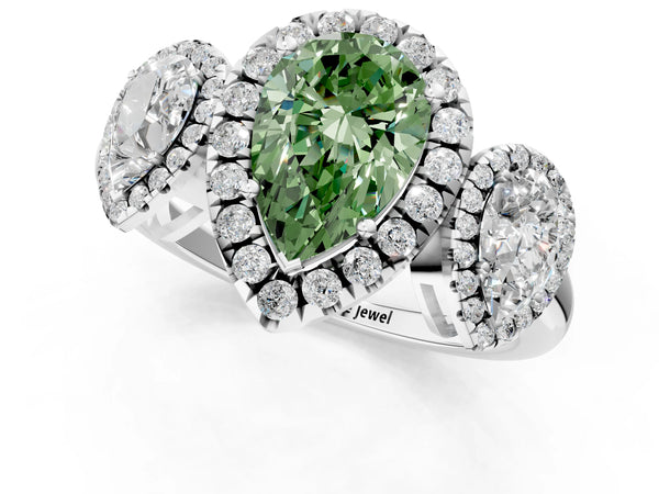 Silver Three-Stone Fancy Green Pear Cut Halo Diamond Ring with Pave Band and Four-Prong Setting