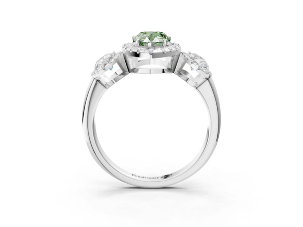 Silver Three-Stone Fancy Green Pear Cut Halo Diamond Ring with Pave Band and Four-Prong Setting