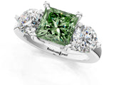 Silver Three-Stone Fancy Green Princess  Brilliant Cut Solitaire Ring with Prong Setting on a Classic Band 1