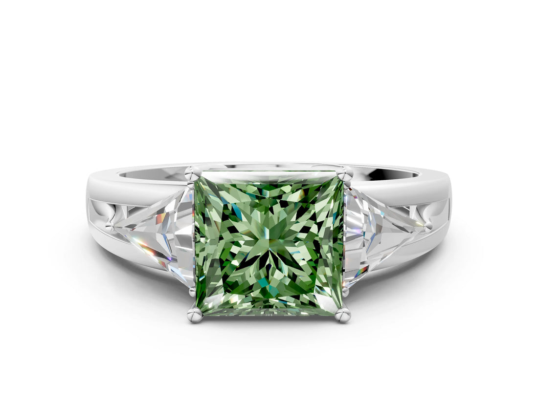 Silver Three-Stone Fancy Green Princess Cut Cut Diamond Ring with Trillion Side Stones on a Split Shank Band_30