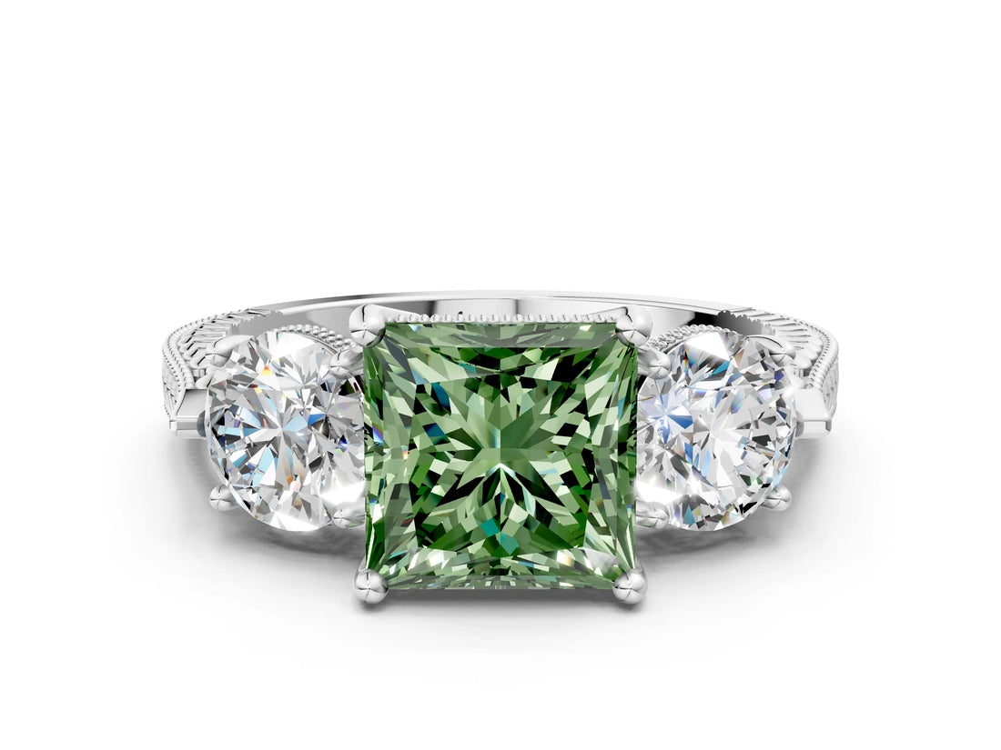 Silver Three-Stone Fancy Green Princess Cut Cut Milgrain Band Prong Setting Ring_6