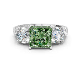 Silver Three-Stone Fancy Green Princess Cut Cut Milgrain Band Prong Setting Ring_6