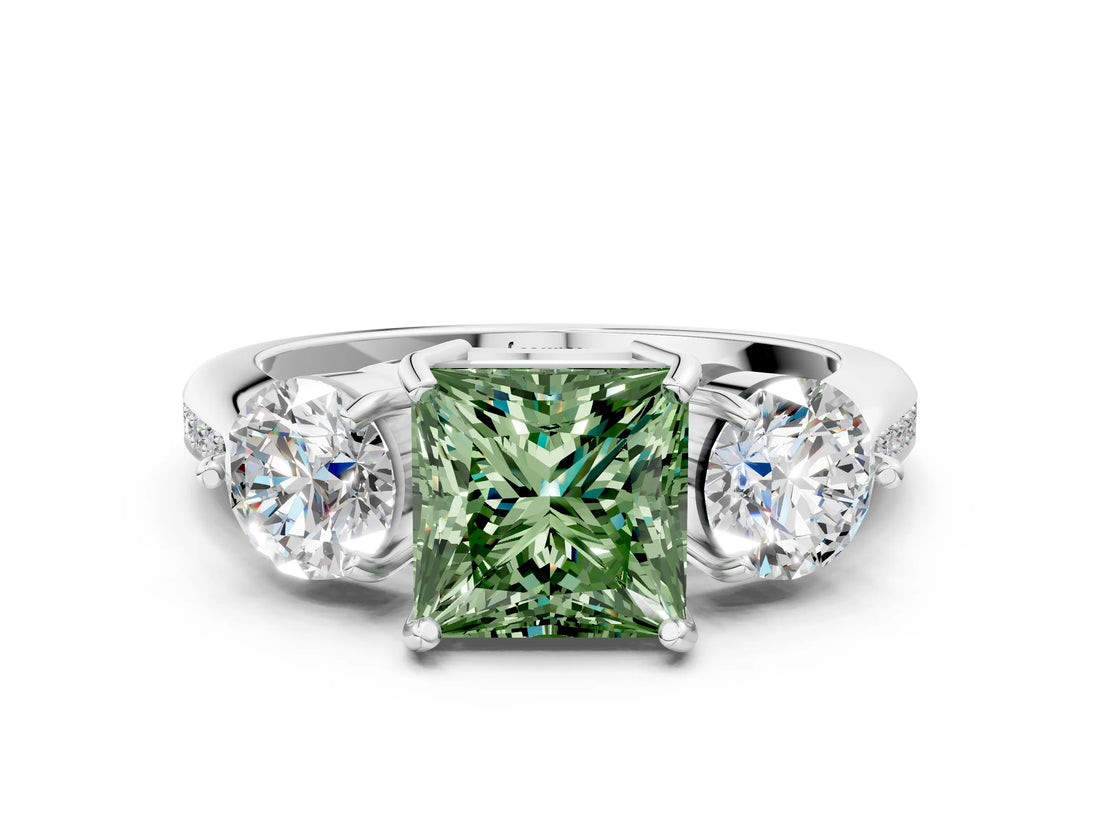 Silver Three-Stone Fancy Green Princess Cut Diamond Channel Set Engagement Ring with Prong Setting_24