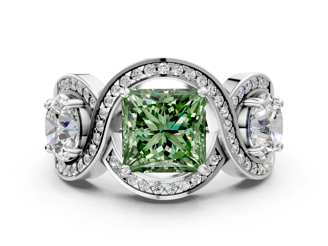 Silver Three-Stone Fancy Green Princess Cut Diamond Wave Pave Band with Prong Setting_36