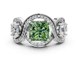 Silver Three-Stone Fancy Green Princess Cut Diamond Wave Pave Band with Prong Setting_36