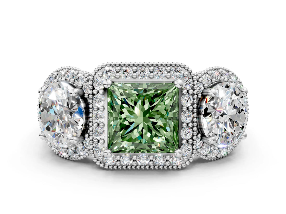 Silver Three-Stone Fancy Green Princess Cut Halo Diamond Milgrain Band with Four-Prong Setting_6