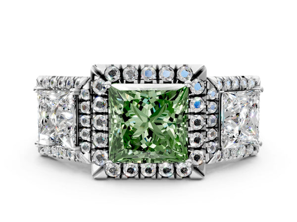 Silver Three-Stone Fancy Green Princess Cut Halo Diamond Ring with Pave Band and Four-Prong Setting