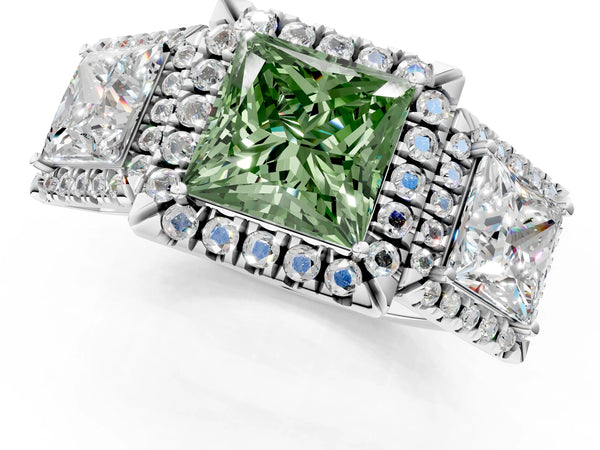 Silver Three-Stone Fancy Green Princess Cut Halo Diamond Ring with Pave Band and Four-Prong Setting