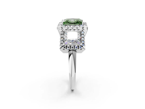 Silver Three-Stone Fancy Green Princess Cut Halo Diamond Ring with Pave Band and Four-Prong Setting