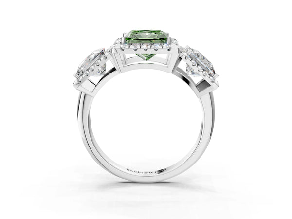 Silver Three-Stone Fancy Green Princess Cut Halo Diamond Ring with Pave Band and Four-Prong Setting