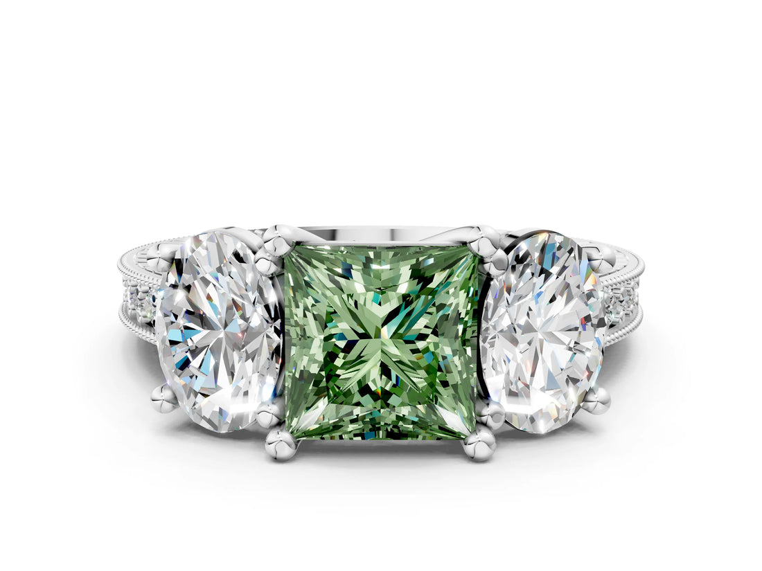 Silver Three-Stone Fancy Green Princess  Diamond Milgrain Pave Band with Prong Setting 1