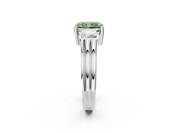 Silver Three-Stone Fancy Green Radiant Cut Classic Band Prong Setting Ring