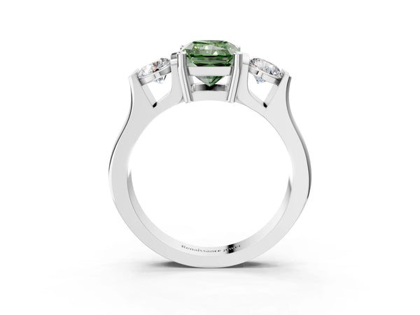 Silver Three-Stone Fancy Green Radiant Cut Classic Band Prong Setting Ring