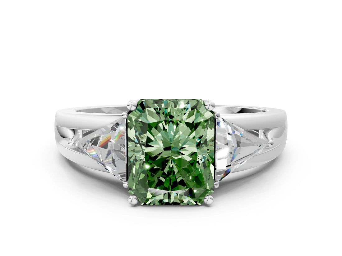 Silver Three-Stone Fancy Green Radiant Cut Cut Diamond Ring with Trillion Side Stones on a Split Shank Band_6