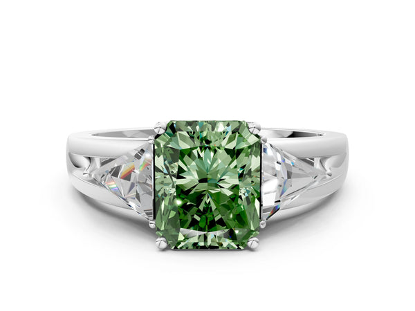 Sterling Silver Radiant Cut Split Shank Three Stone Engagement Ring Setting for Fancy Green Center