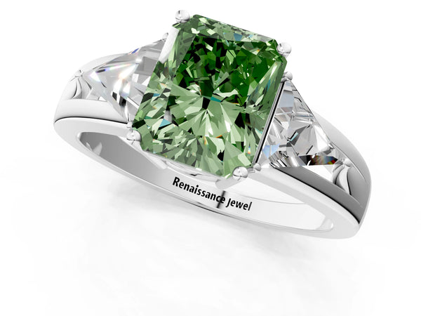 Sterling Silver Radiant Cut Split Shank Three Stone Engagement Ring Setting for Fancy Green Center