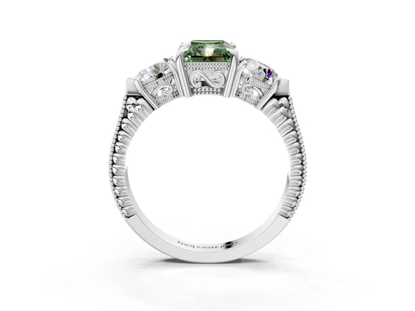 Sterling Silver Radiant Cut Vintage Three Stone Engagement Ring Setting for Fancy Green Center