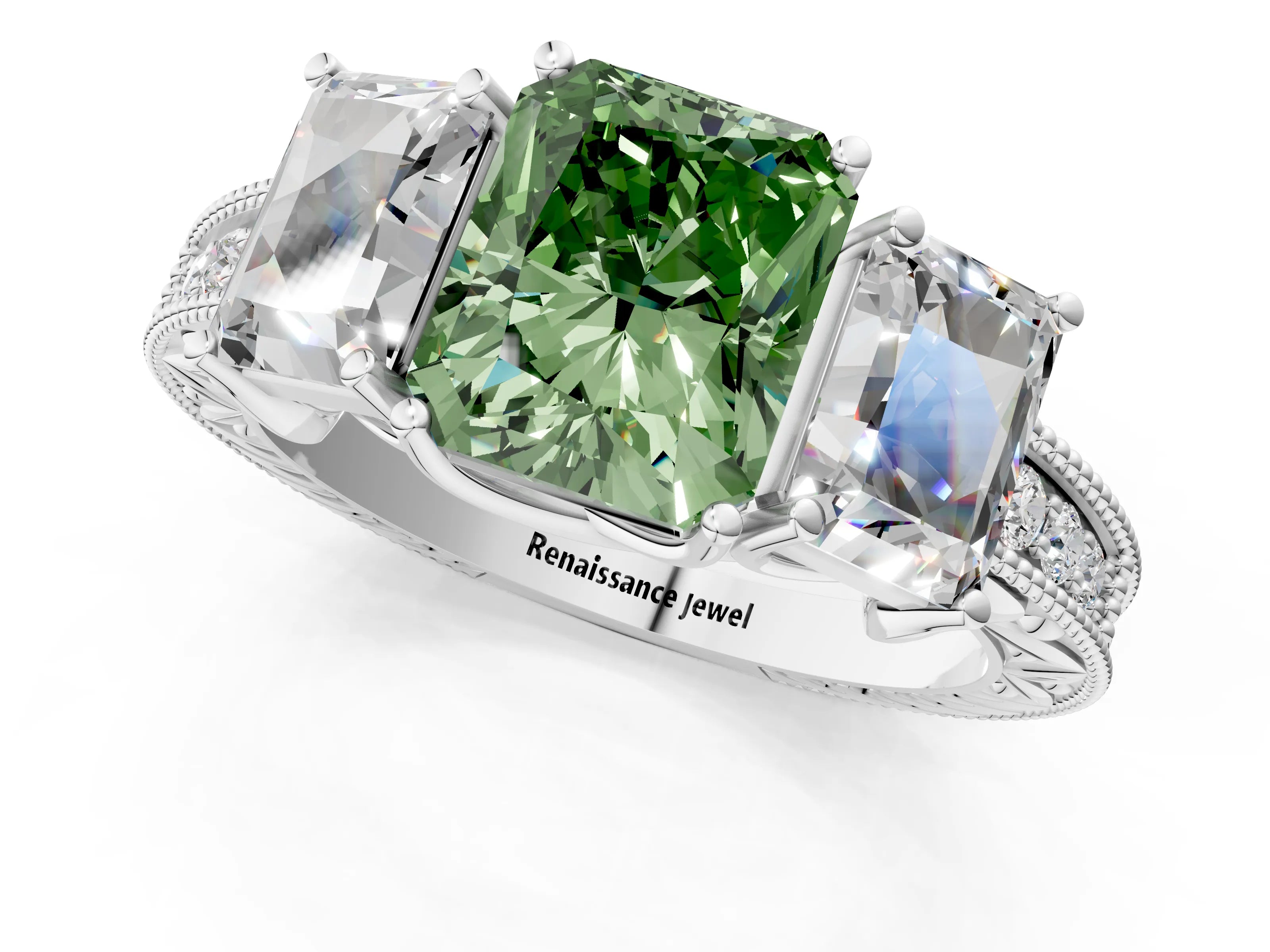 Silver Three-Stone Fancy Green Radiant Cut Cut Milgrain Pavé Engagement Ring_19