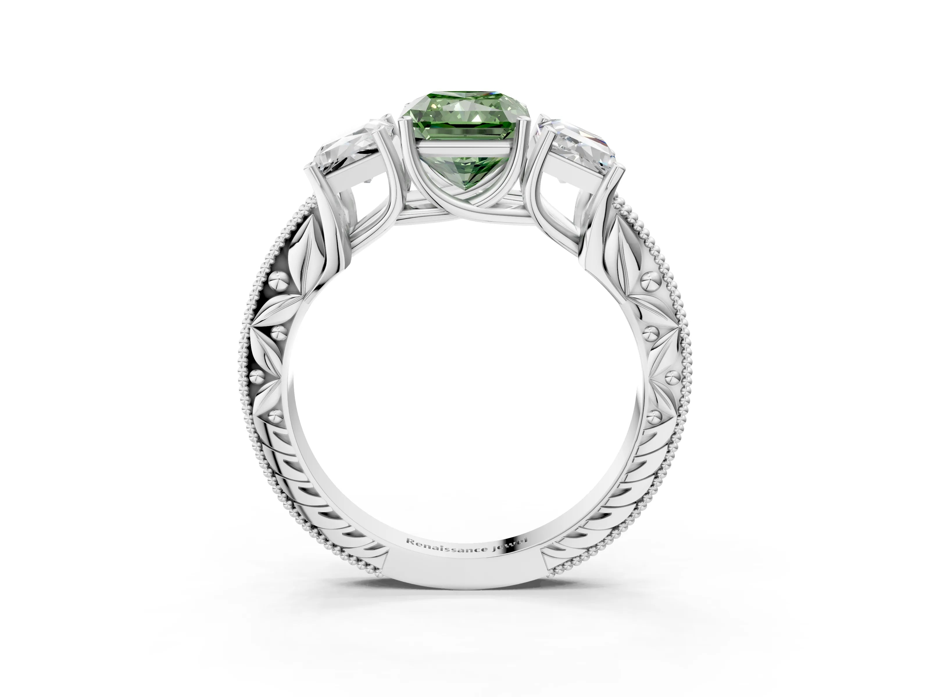 Silver Three-Stone Fancy Green Radiant Cut Cut Milgrain Pavé Engagement Ring_21