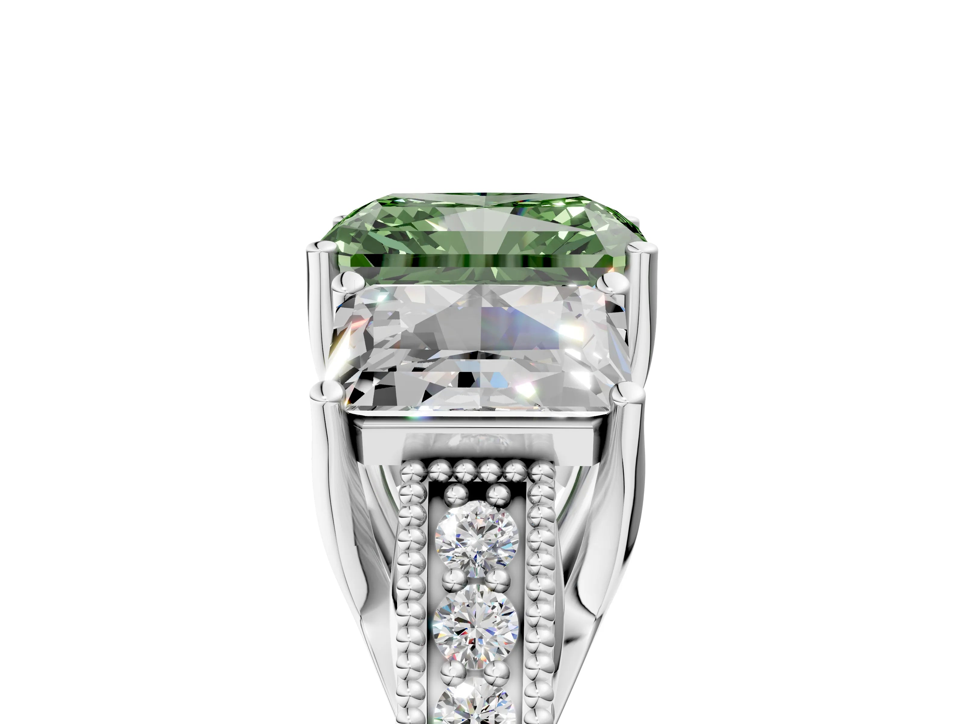 Silver Three-Stone Fancy Green Radiant Cut Cut Milgrain Pavé Engagement Ring_23